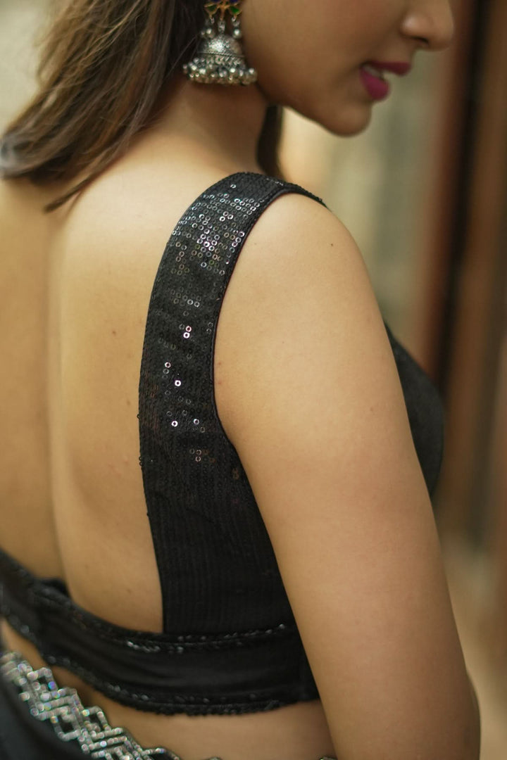Sequin Blouse in Black with Deep Back Neck