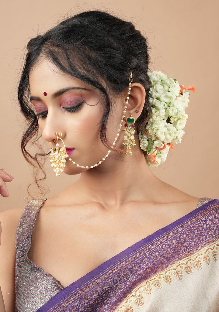Celestial Kundan nath with non piece clasp, chain and hook
