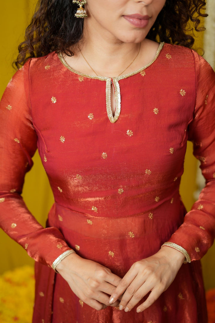 Pirainila Rust Orange Anarkali Kurta (Set of 2) | SHOBITAM