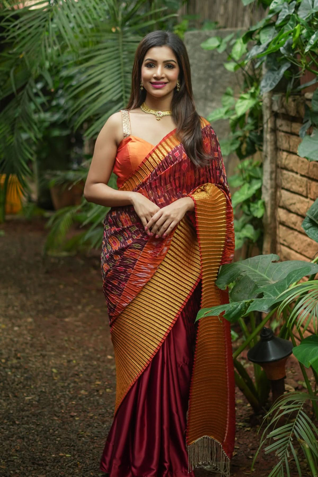 Unique Pleated half and half satin saree with Patola digital print and antique zari