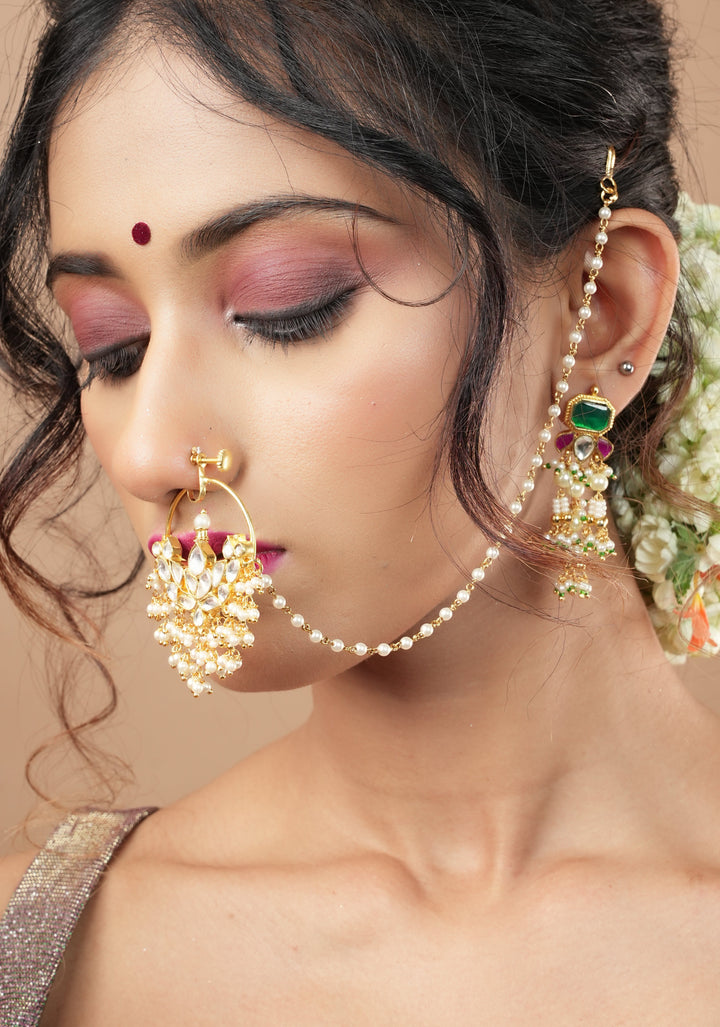 Celestial Kundan nath with non piece clasp, chain and hook