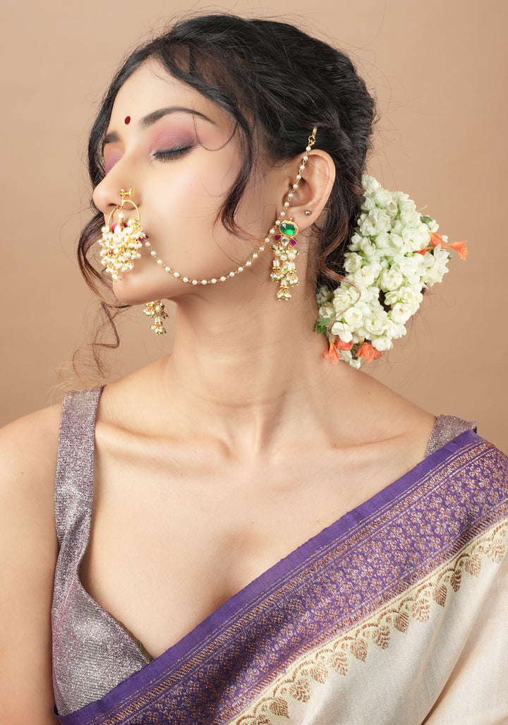 Celestial Kundan nath with non piece clasp, chain and hook