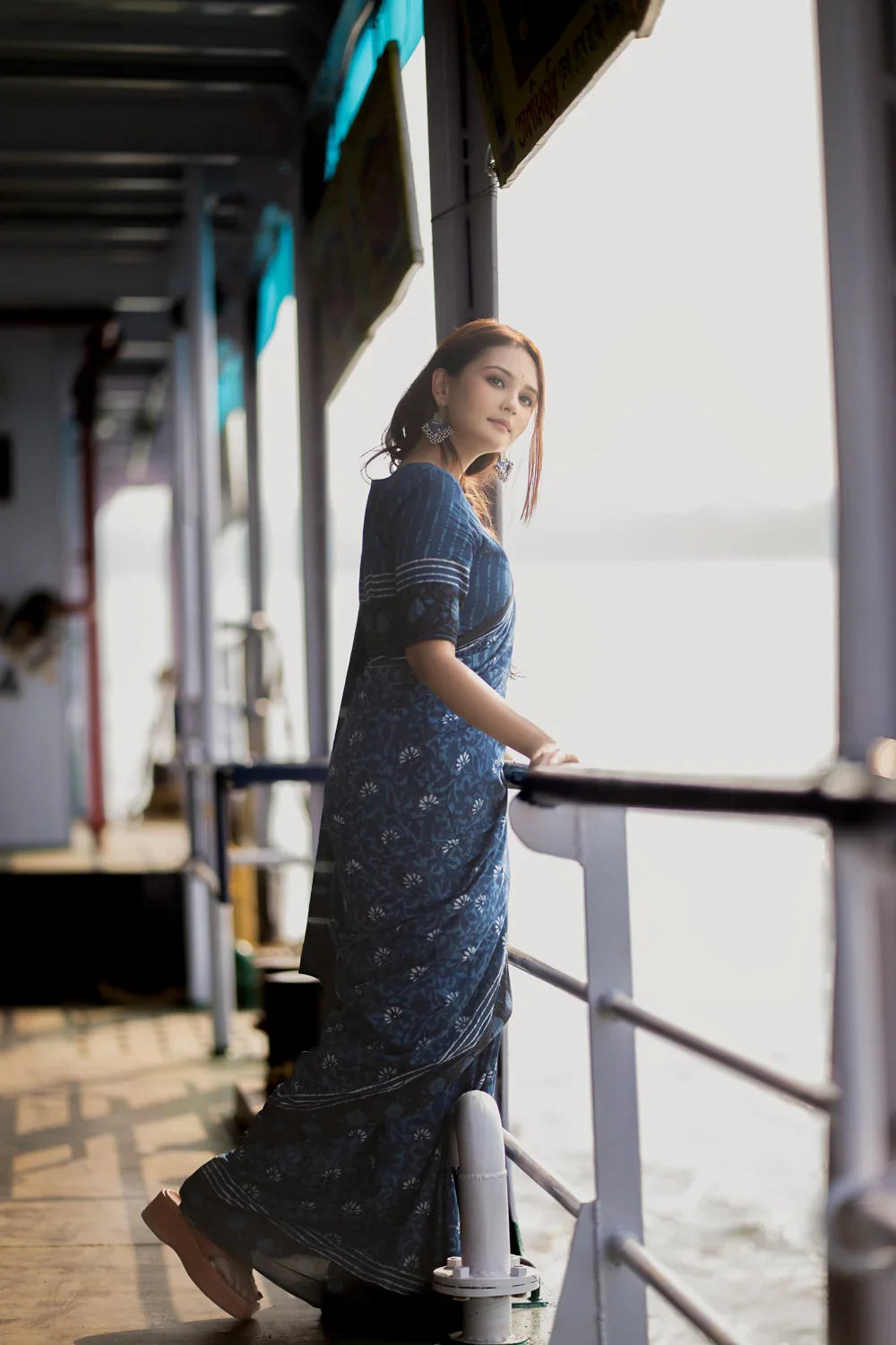 Indigo Blue Floral Hand Block Print Saree | SHOBITAM