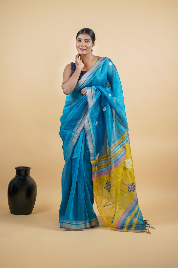 Blue Linen Jamdani Handloom Saree