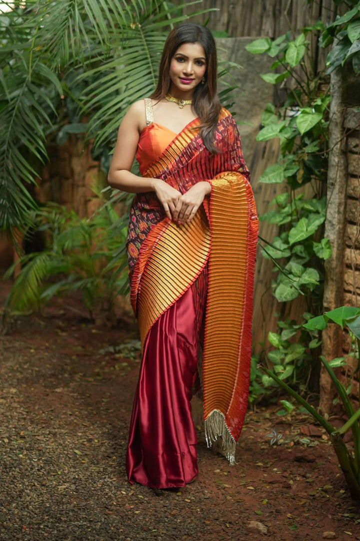 Unique Pleated half and half satin saree with Patola digital print and antique zari