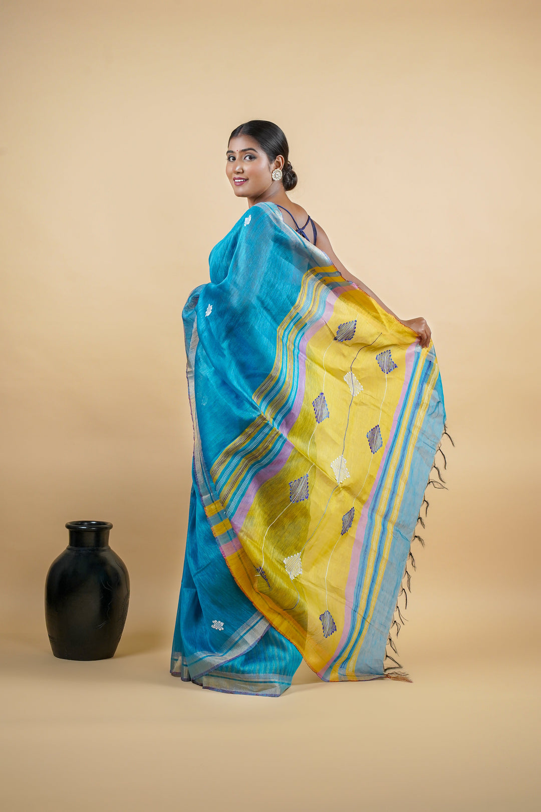 Blue Linen Jamdani Handloom Saree