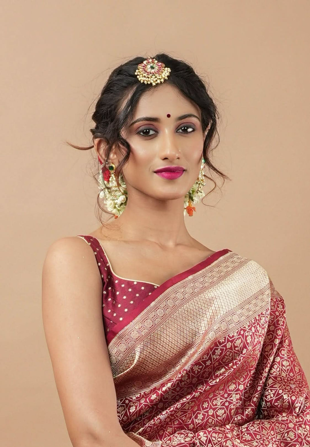 Maroon buti leaf neck sleeveless blouse and square neck back, Made to Order | SHOBITAM