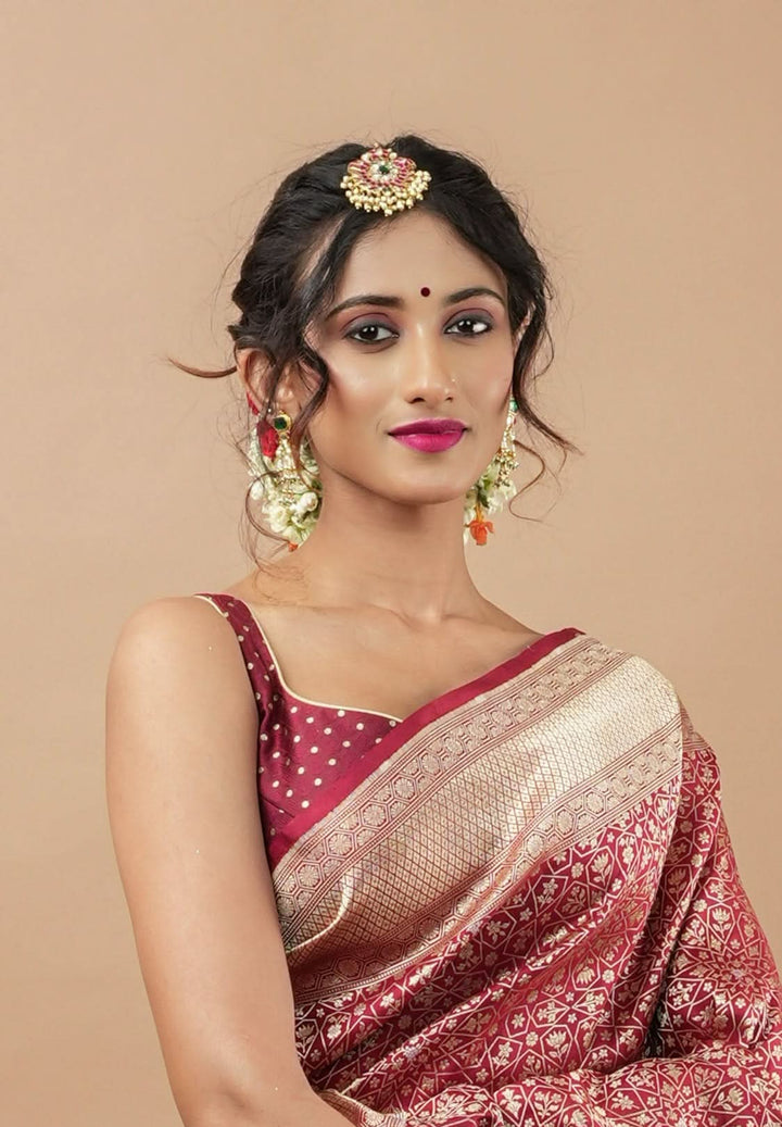 Maroon buti leaf neck sleeveless blouse and square neck back, Made to Order | SHOBITAM