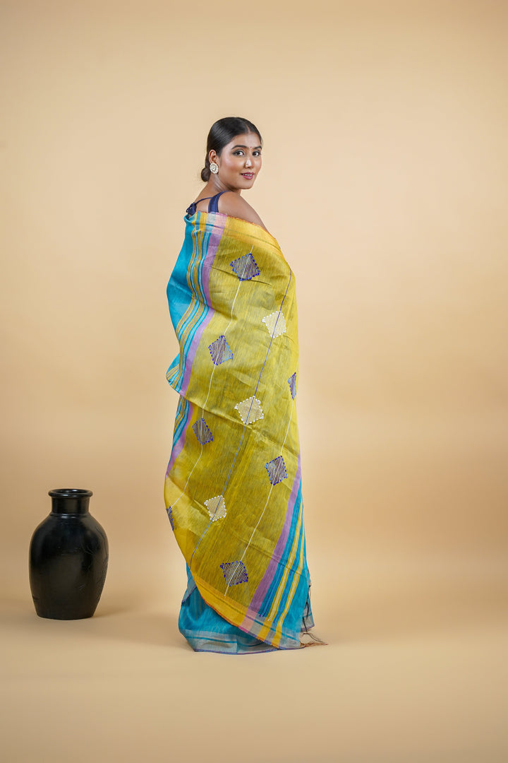 Blue Linen Jamdani Handloom Saree