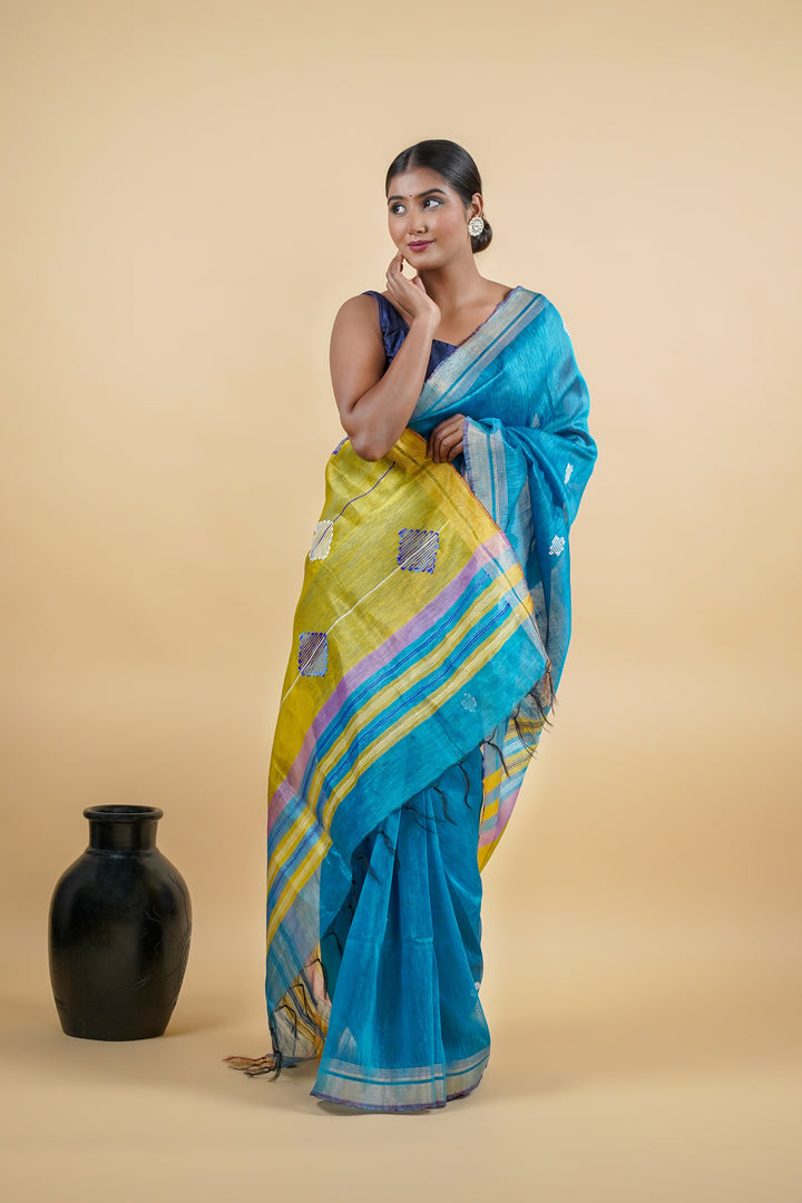 Blue Linen Jamdani Handloom Saree
