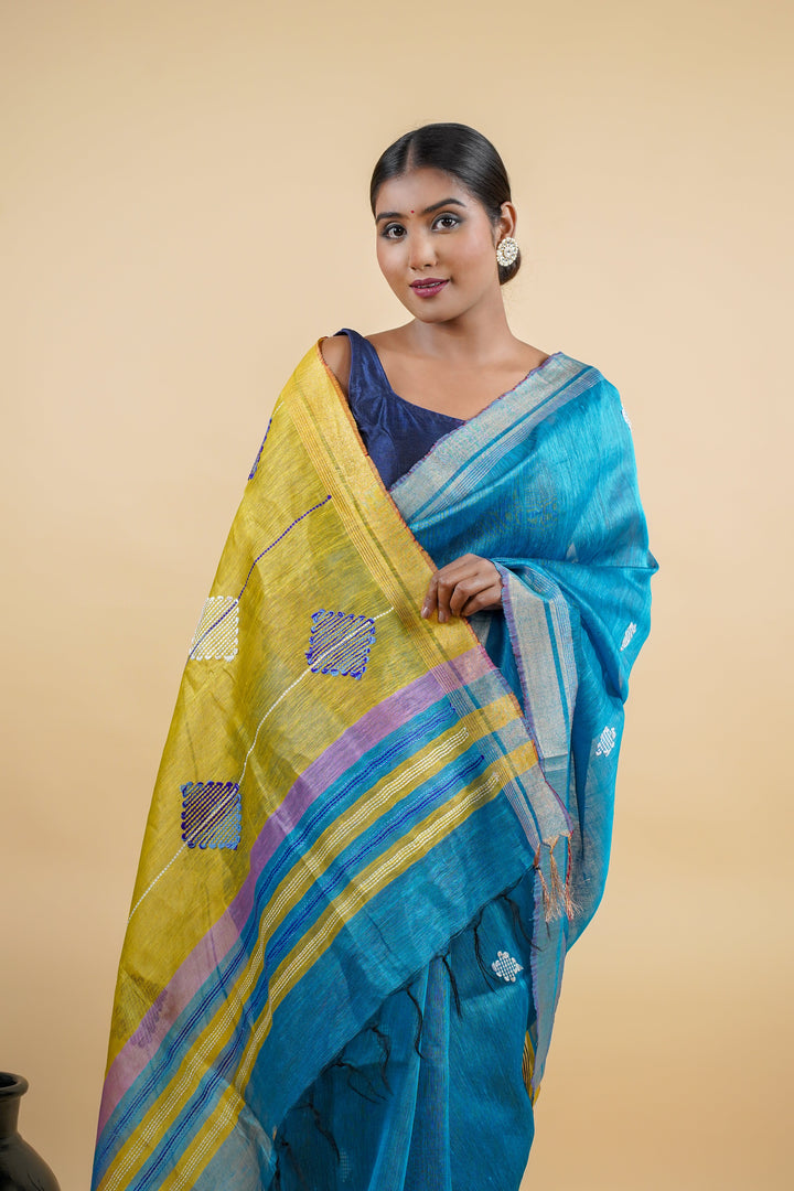Blue Linen Jamdani Handloom Saree