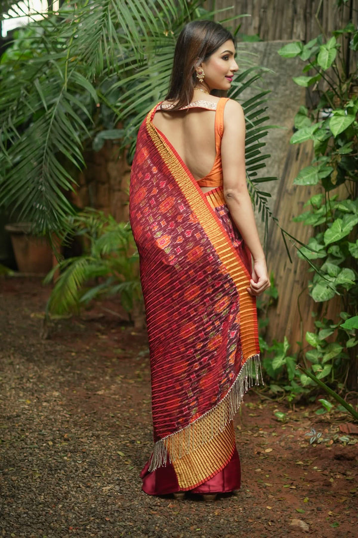 Unique Pleated half and half satin saree with Patola digital print and antique zari