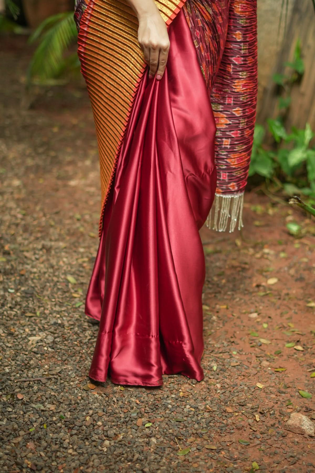 Unique Pleated half and half satin saree with Patola digital print and antique zari