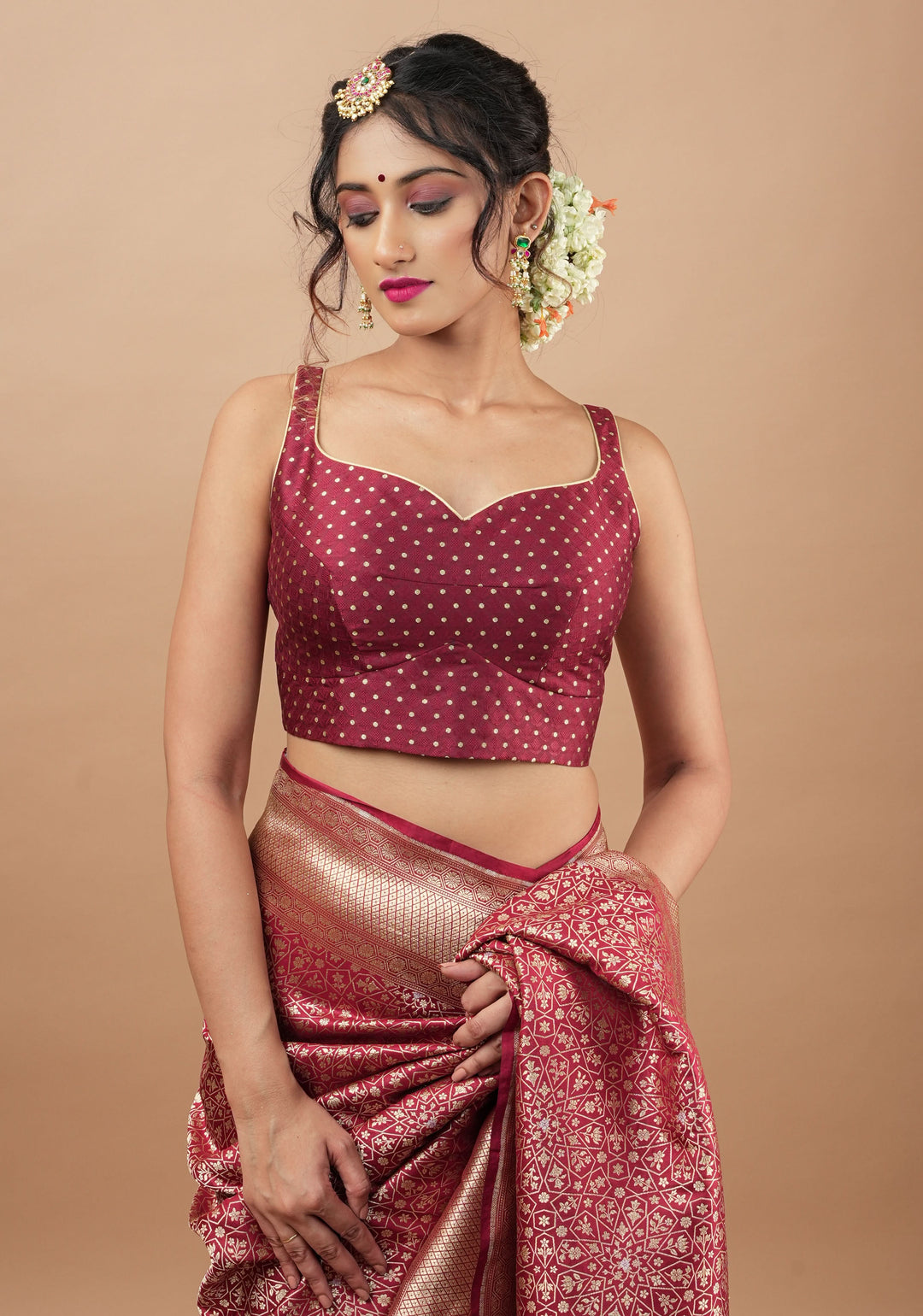Maroon buti leaf neck sleeveless blouse and square neck back, Made to Order | SHOBITAM