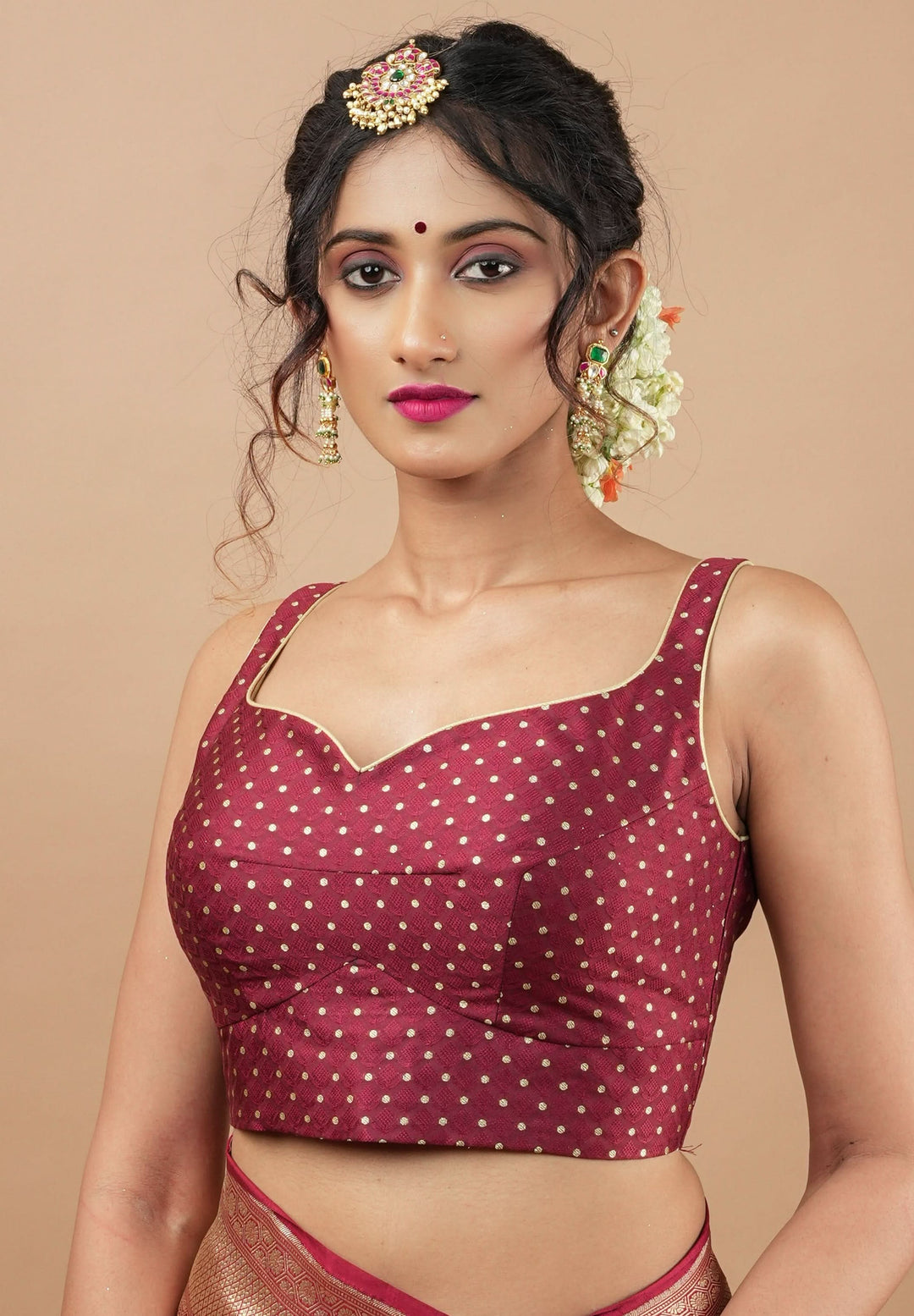 Maroon buti leaf neck sleeveless blouse and square neck back, Made to Order | SHOBITAM
