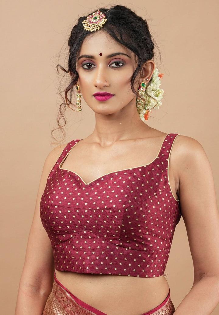 Maroon buti leaf neck sleeveless blouse and square neck back, Made to Order | SHOBITAM