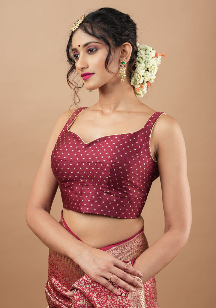 Maroon buti leaf neck sleeveless blouse and square neck back, Made to Order | SHOBITAM