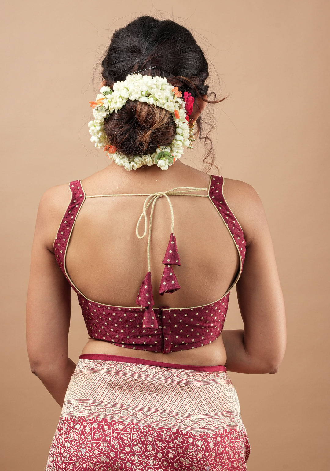 Maroon buti leaf neck sleeveless blouse and square neck back, Made to Order | SHOBITAM