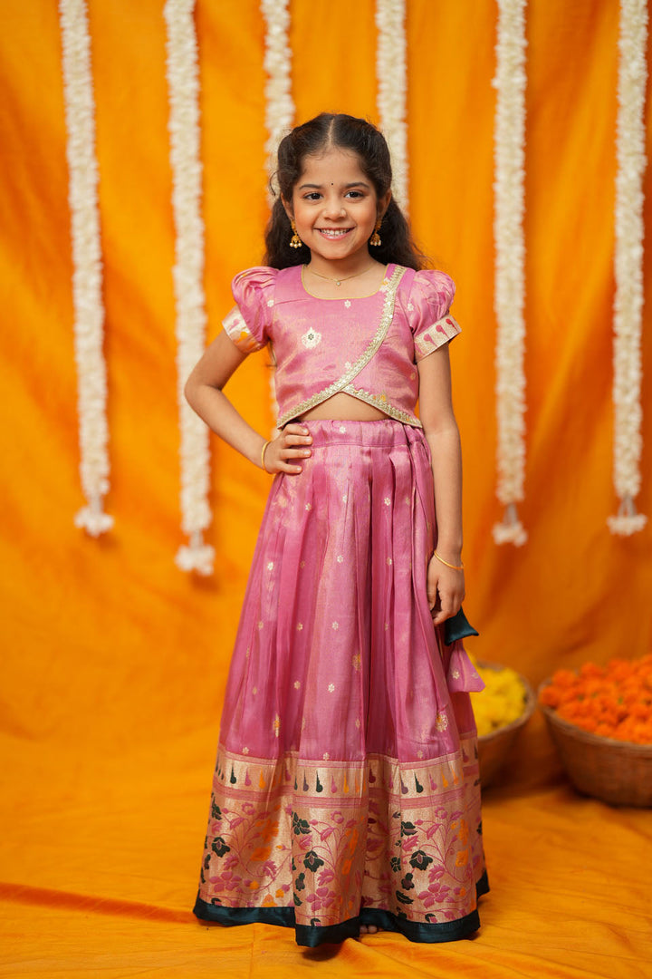 Maithiri Pink Silk Kids Lehenga Set mini | SHOBITAM