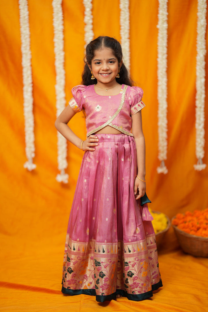 Maithiri Pink Silk Kids Lehenga Set mini | SHOBITAM
