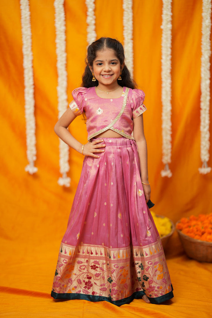 Maithiri Pink Silk Kids Lehenga Set mini | SHOBITAM