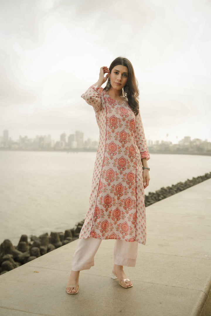 Beige with Red and Pink Block Print Buti Muslin Kurta Pant Set- SET OF-2 | SHOBITAM
