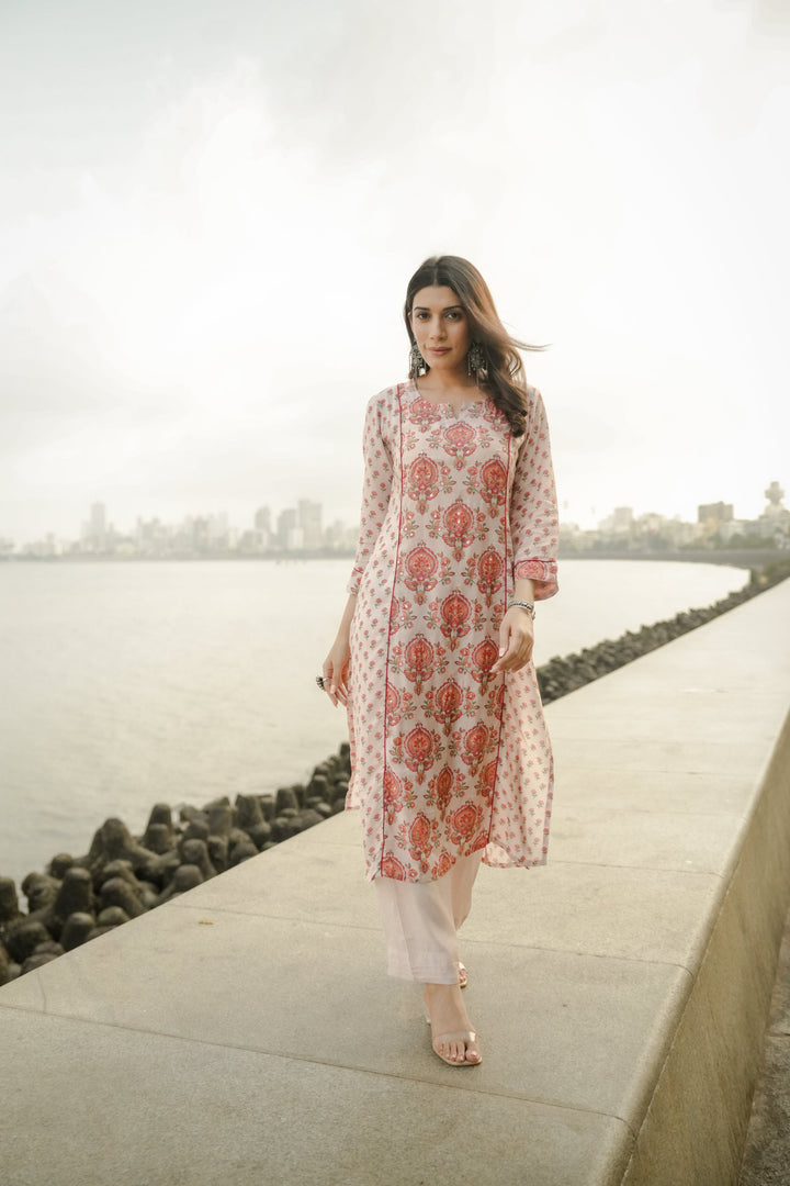 Beige with Red and Pink Block Print Buti Muslin Kurta Pant Set- SET OF-2 | SHOBITAM