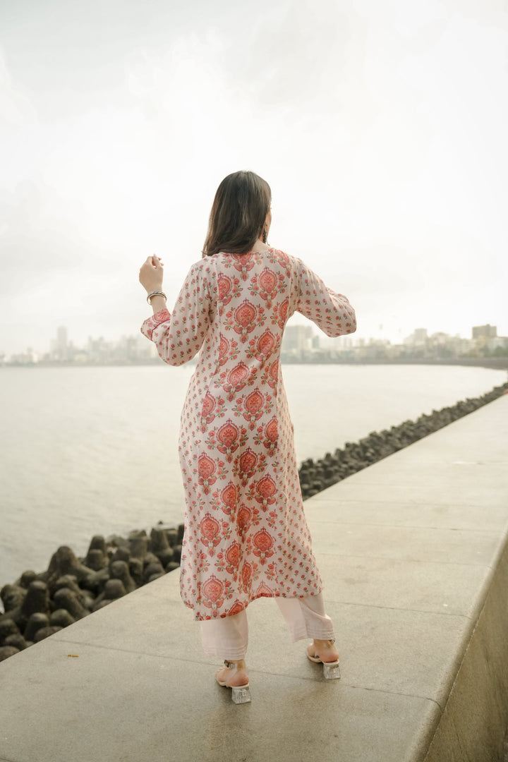 Beige with Red and Pink Block Print Buti Muslin Kurta Pant Set- SET OF-2 | SHOBITAM
