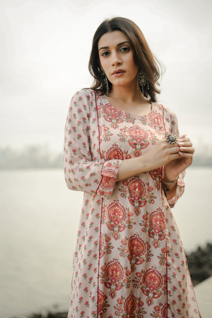 Beige with Red and Pink Block Print Buti Muslin Kurta Pant Set- SET OF-2 | SHOBITAM