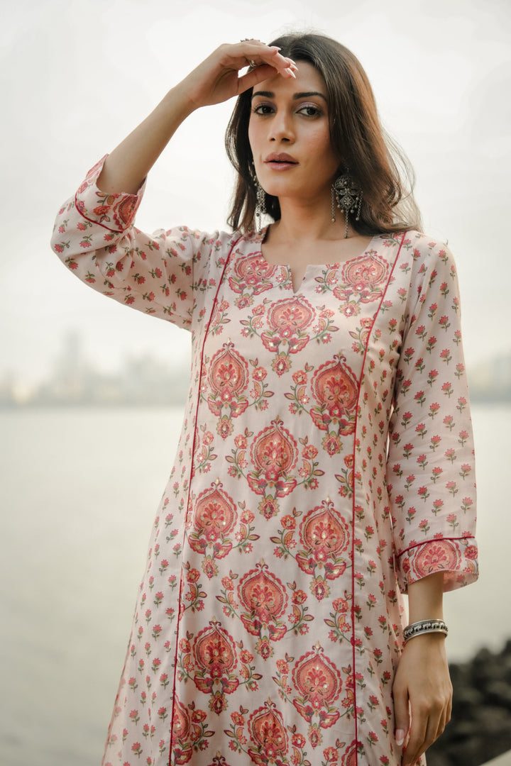 Beige with Red and Pink Block Print Buti Muslin Kurta Pant Set- SET OF-2 | SHOBITAM