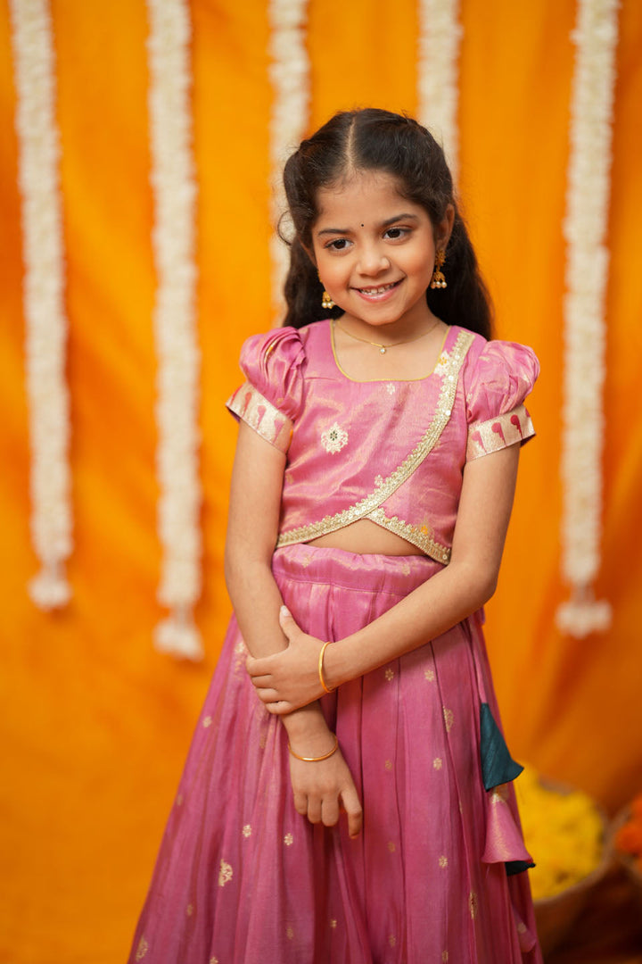 Maithiri Pink Silk Kids Lehenga Set mini | SHOBITAM