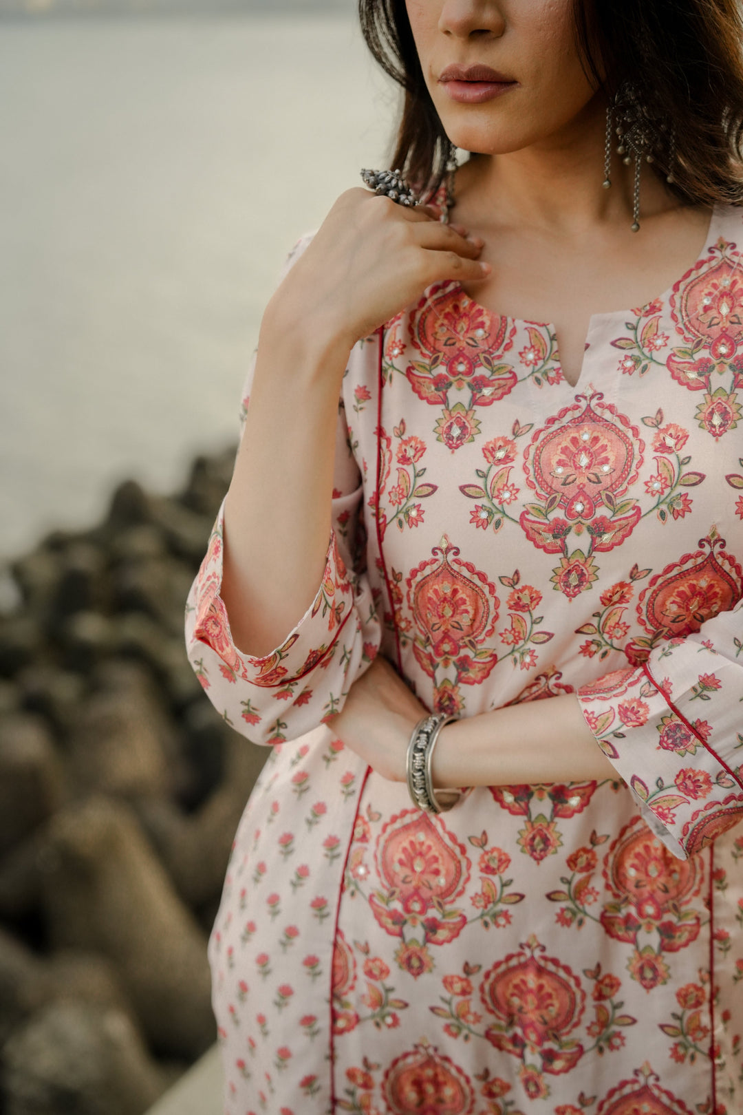 Beige with Red and Pink Block Print Buti Muslin Kurta Pant Set- SET OF-2 | SHOBITAM