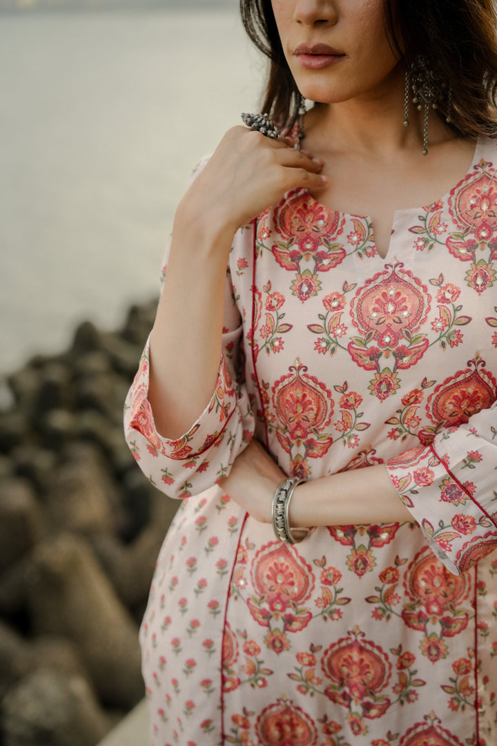 Beige with Red and Pink Block Print Buti Muslin Kurta Pant Set- SET OF-2 | SHOBITAM