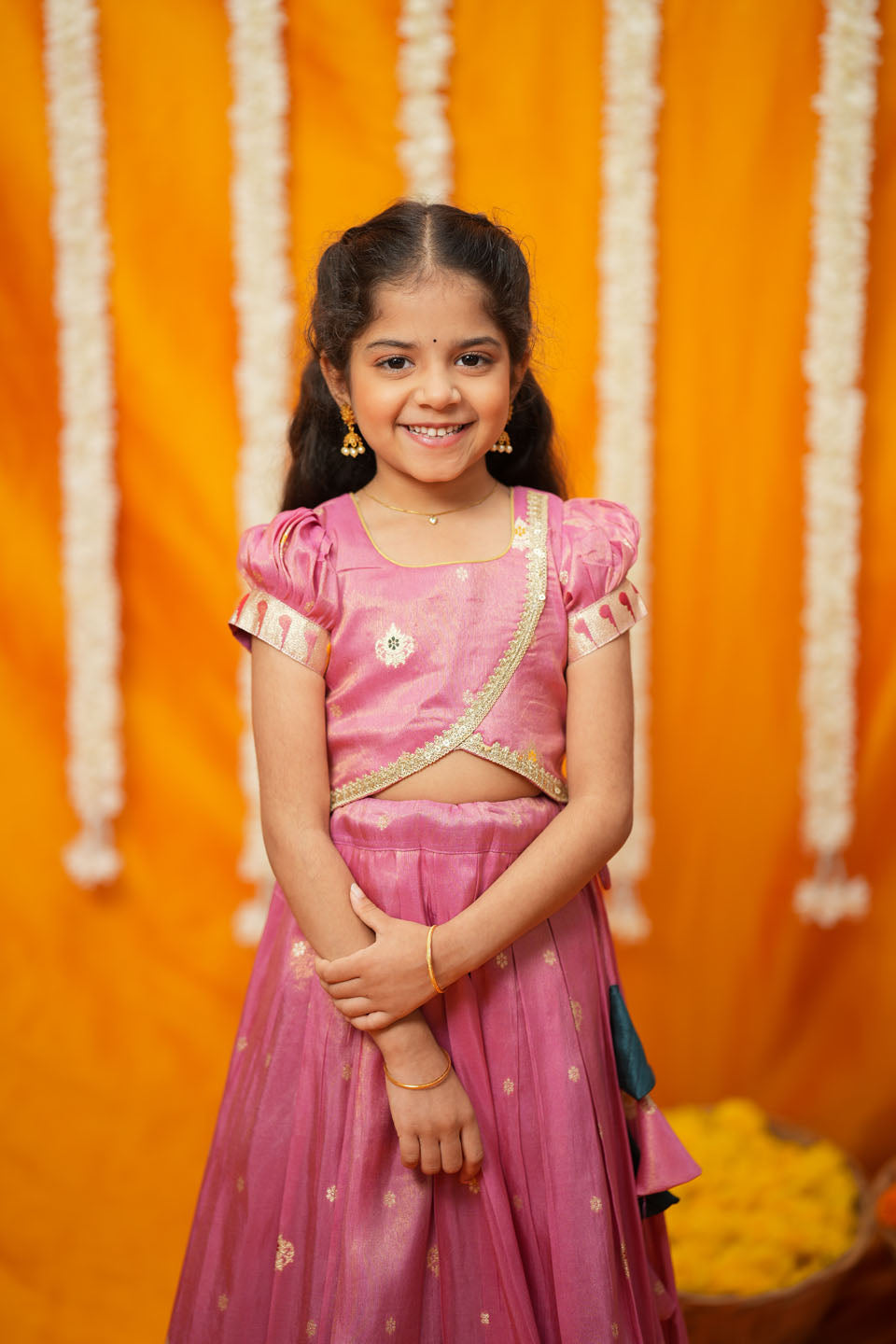 Maithiri Pink Silk Kids Lehenga Set mini | SHOBITAM