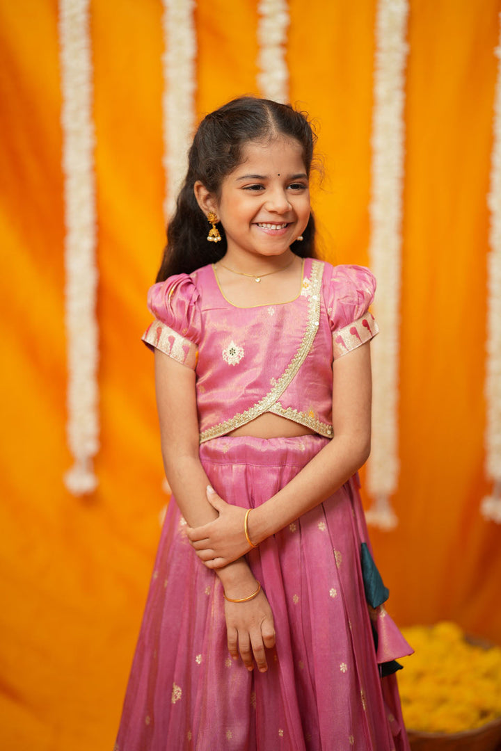 Maithiri Pink Silk Kids Lehenga Set mini | SHOBITAM