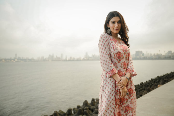 Beige with Red and Pink Block Print Buti Muslin Kurta Pant Set- SET OF-2 | SHOBITAM