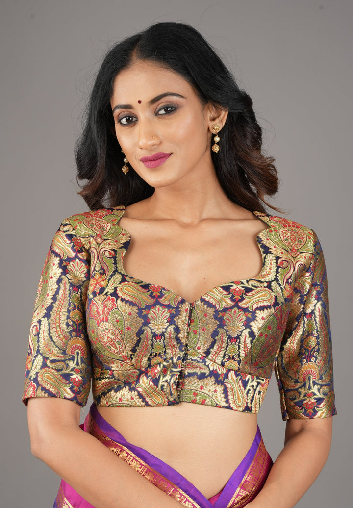 Khimkhwab Meenakari Brocade Blouse in Navy Blue Base and Arch Neck, customizable, made-to-order