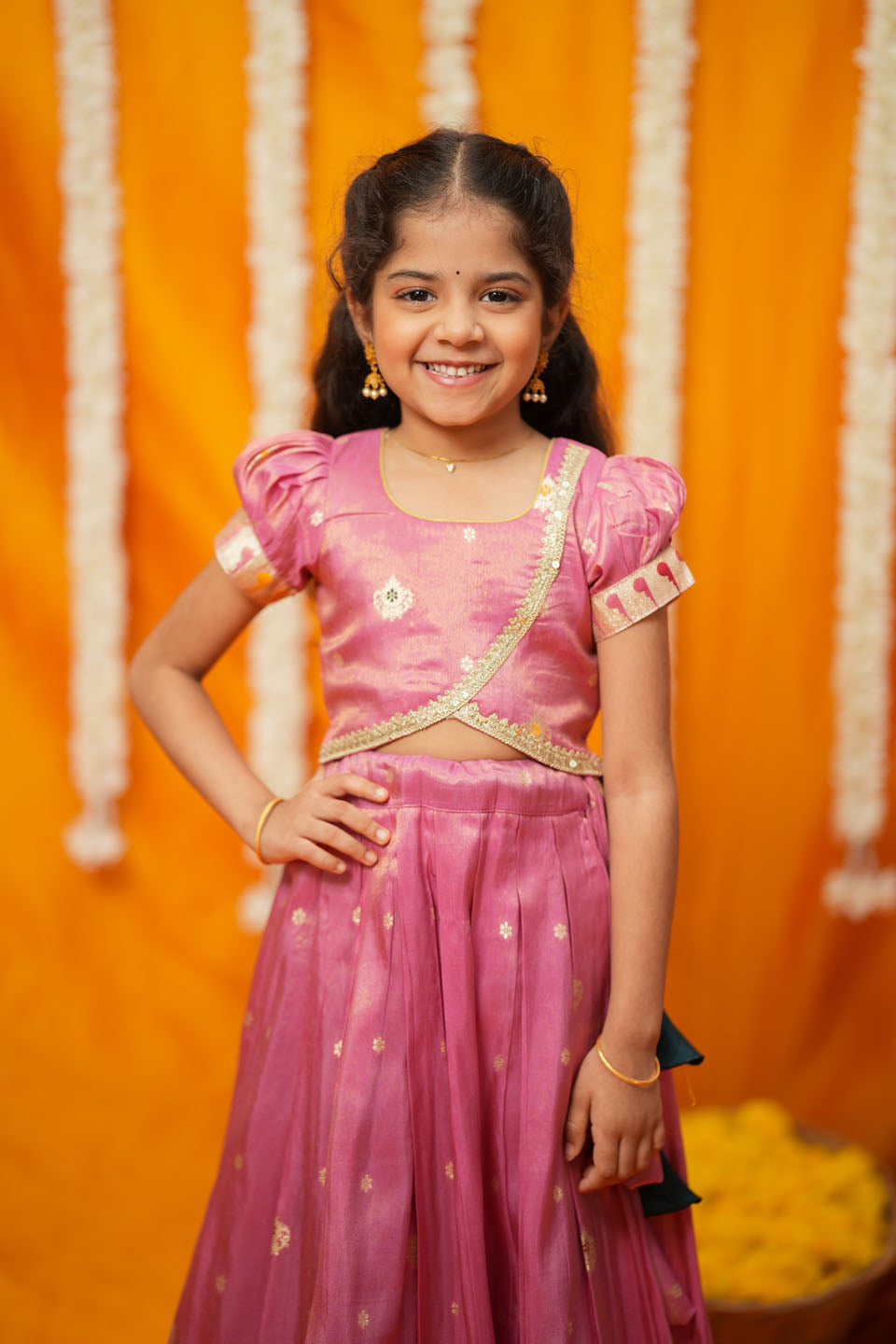 Maithiri Pink Silk Kids Lehenga Set mini | SHOBITAM