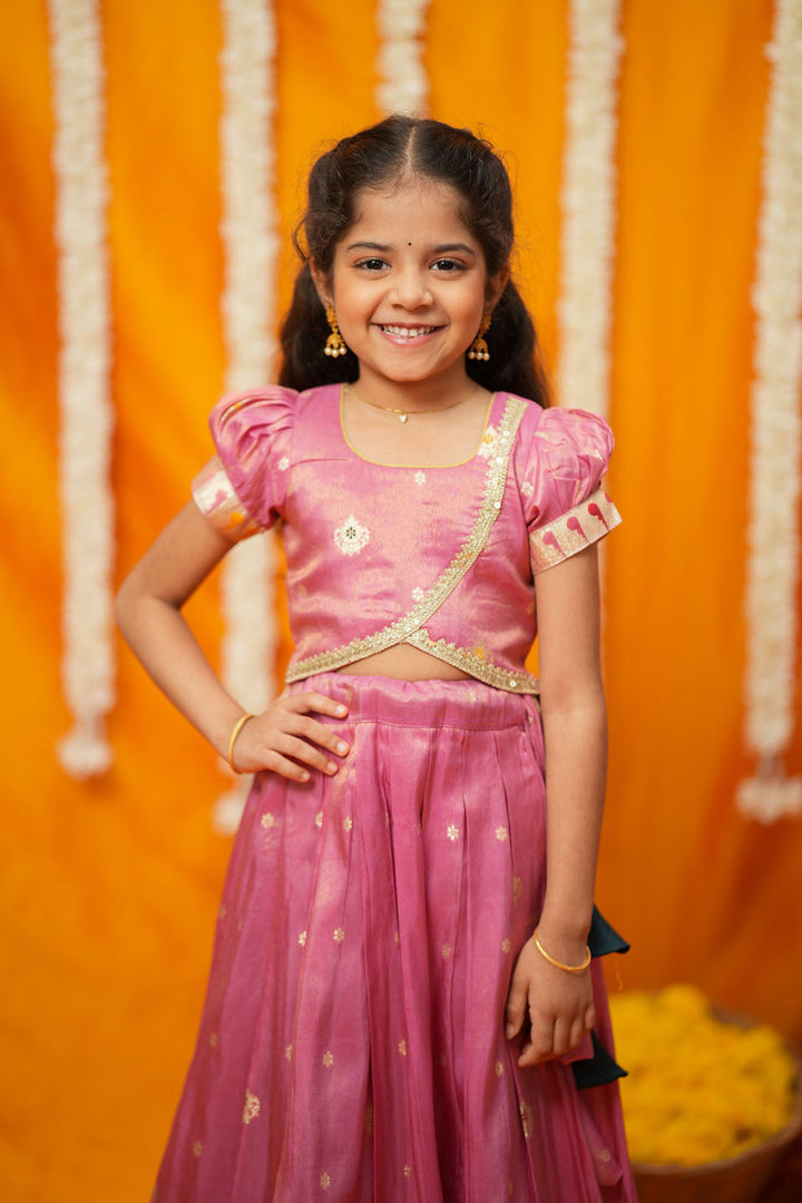 Maithiri Pink Silk Kids Lehenga Set mini | SHOBITAM
