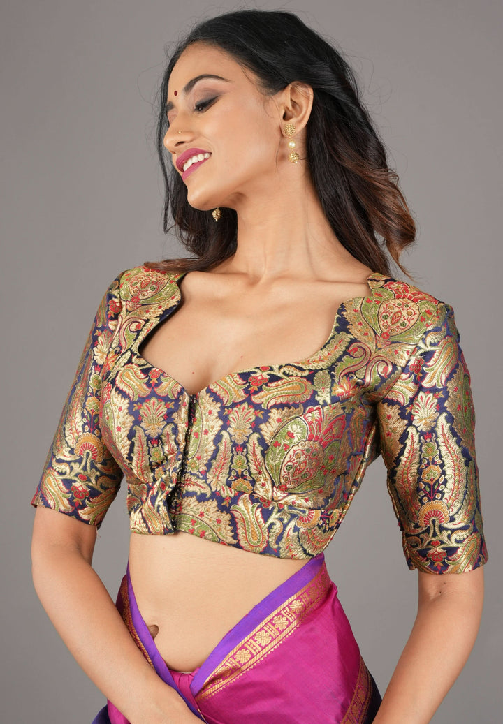 Khimkhwab Meenakari Brocade Blouse in Navy Blue Base and Arch Neck, customizable, made-to-order
