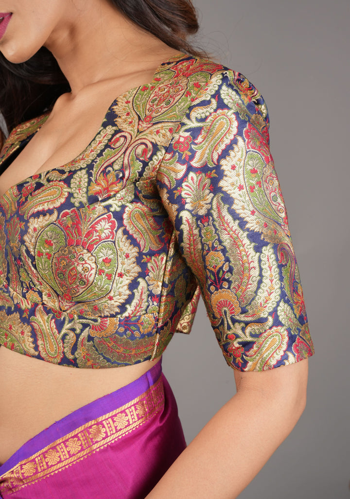 Khimkhwab Meenakari Brocade Blouse in Navy Blue Base and Arch Neck, customizable, made-to-order