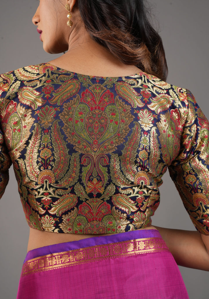Khimkhwab Meenakari Brocade Blouse in Navy Blue Base and Arch Neck, customizable, made-to-order