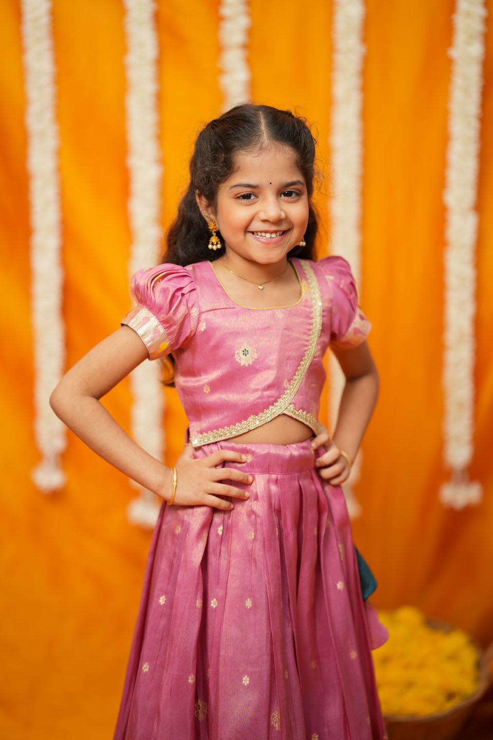 Maithiri Pink Silk Kids Lehenga Set mini | SHOBITAM
