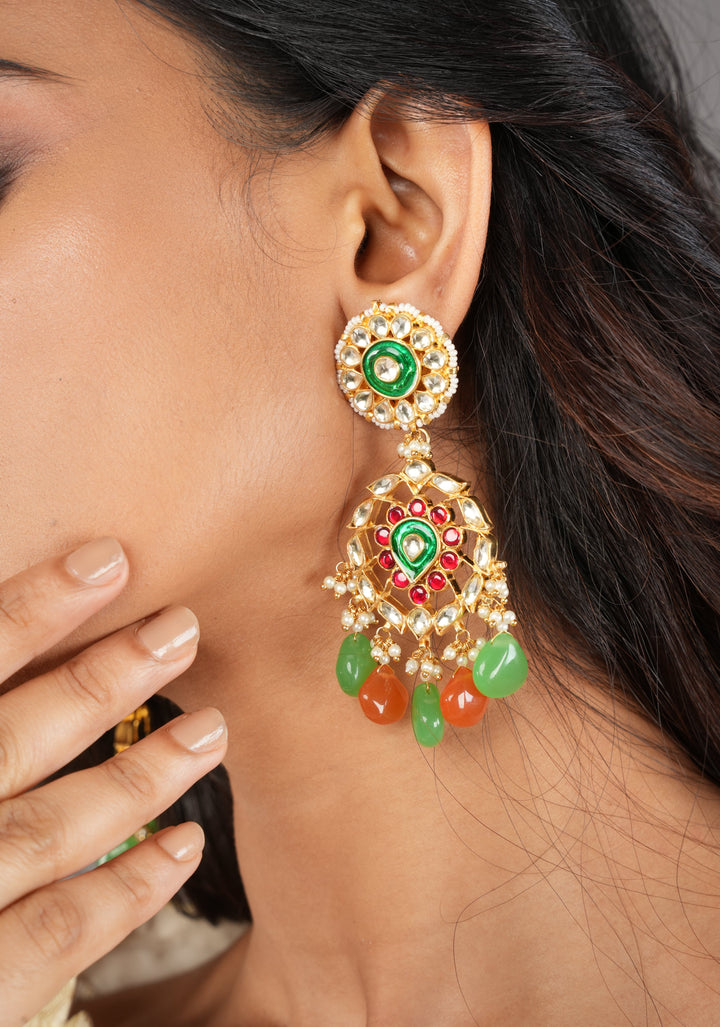 Kemp Stone Long earrings with dangling pearls and Beads in green, orange | Shobitam Jewelry