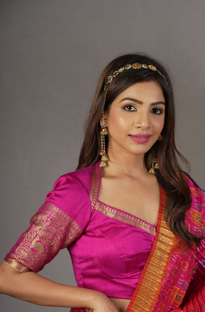 Pure Raw Silk Blouse with Vanasingaram Zari Sleeves and diamond neck in Rani Pink