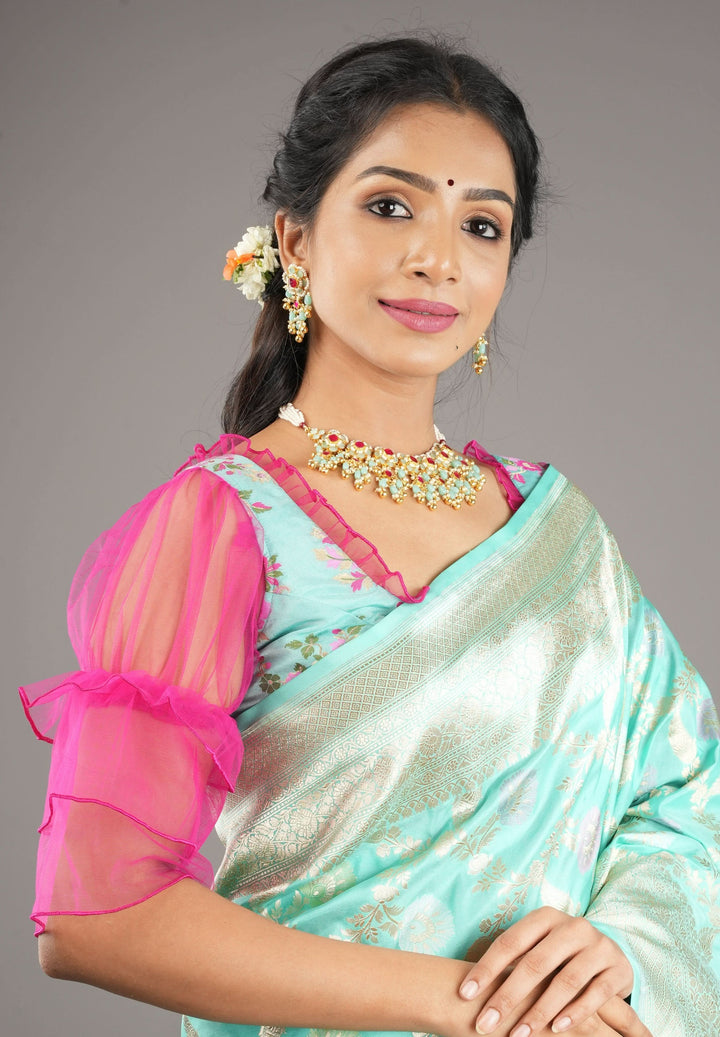 Mint Green Banarasi Meenakari Blouse with Fuchsia Net layered Puff Sleeves,customizable, made-to-order