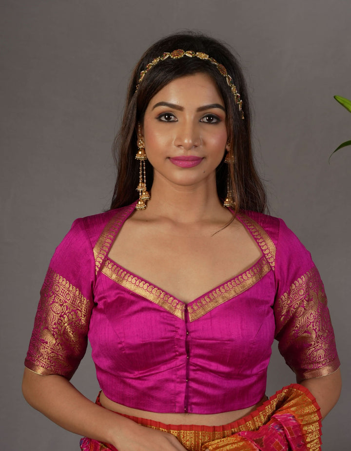 Pure Raw Silk Blouse with Vanasingaram Zari Sleeves and diamond neck in Rani Pink