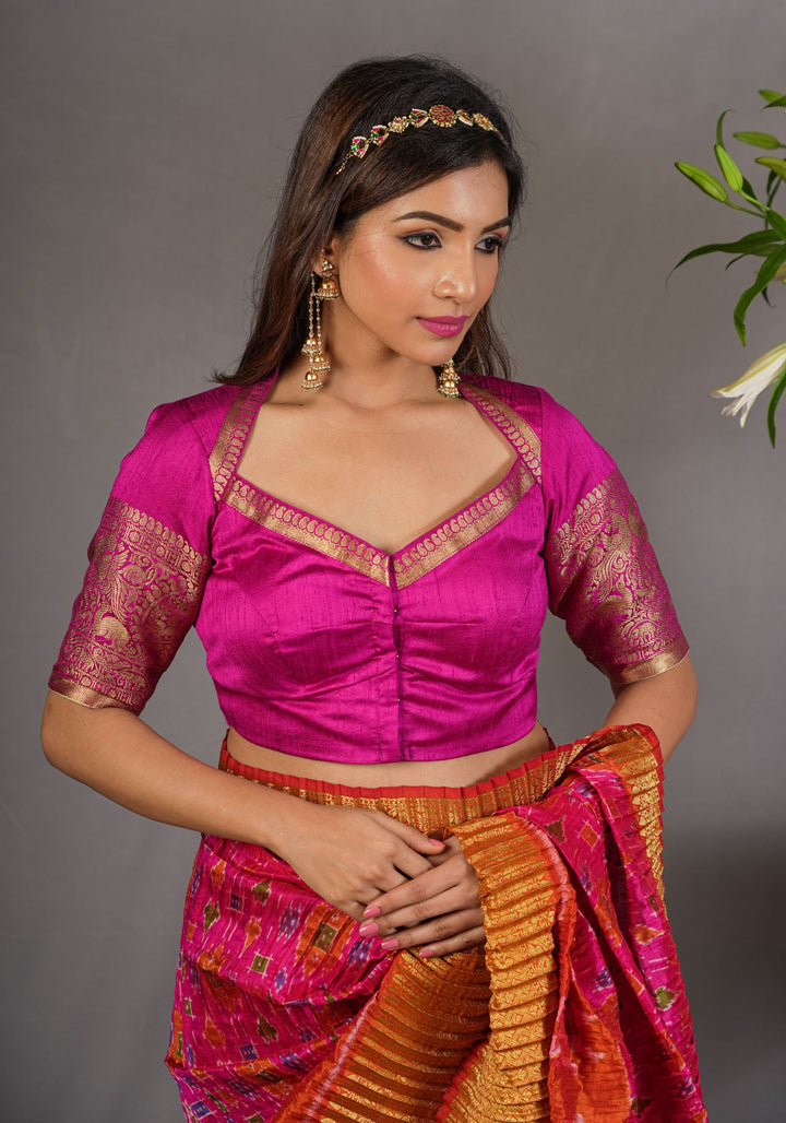 Pure Raw Silk Blouse with Vanasingaram Zari Sleeves and diamond neck in Rani Pink