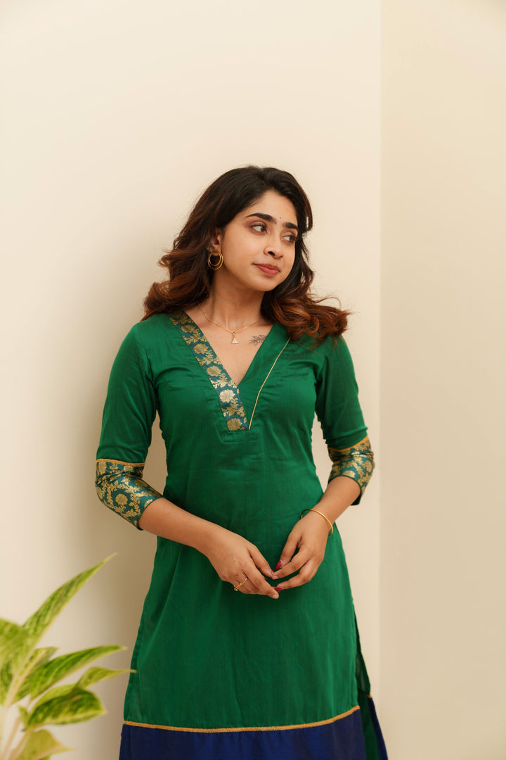 Green & Blue Brocade Kurti and Bottom 2-Piece Set | Made to Order