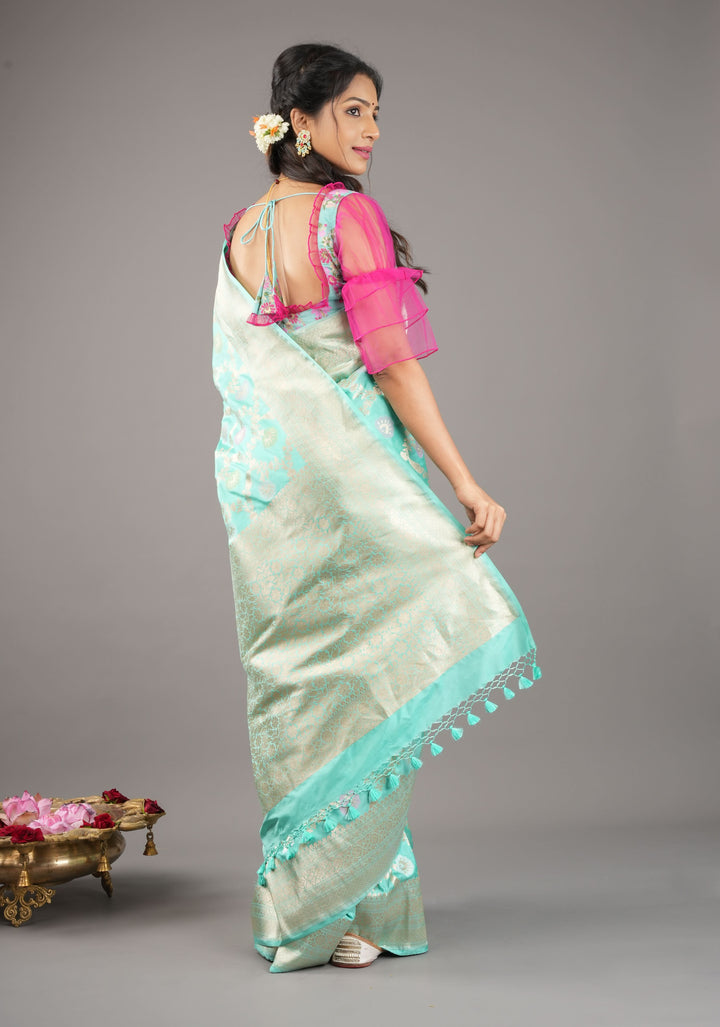 Lagoon Teal Exquisite Meenakari Floral Pattern Jaal Pure Katan Silk Banarasi Saree | SILK MARK CERTIFIED